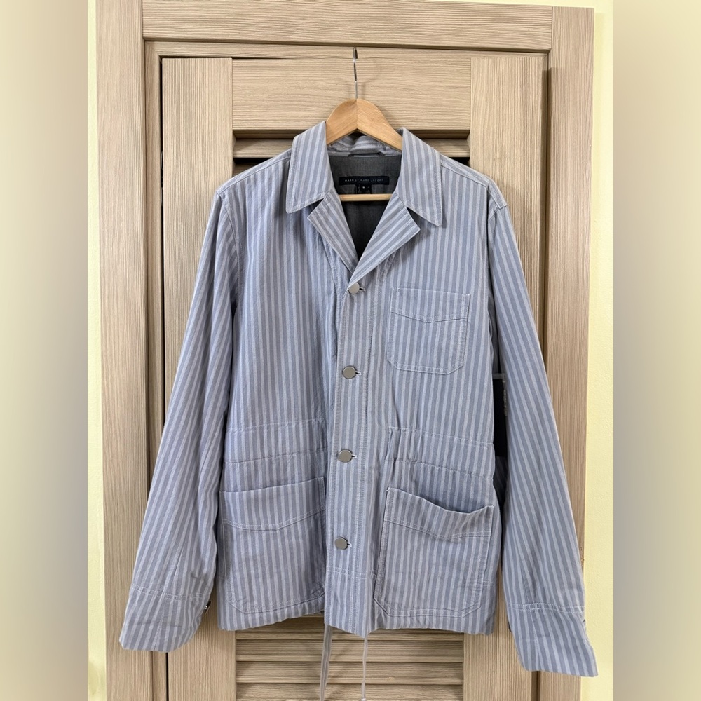 New Marc Jacob Cotton Striped Lightweight Light Blue Stylish Button Jacket $358